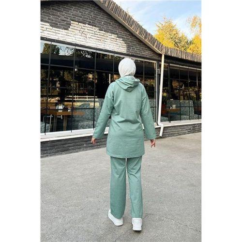 Fermuarlı Kapşonlu İkili Sade Basic Eşofman Spor Takımı - 03052.100 - Çağla Yeşili