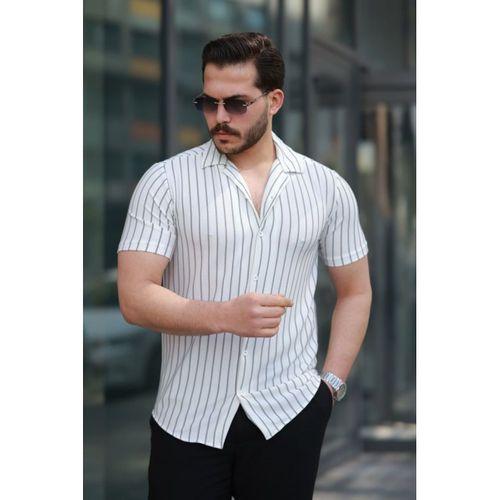 Erkek Kısa Kollu Gri çizgi Desenli örme Kumaş Pamuklu Gömlek