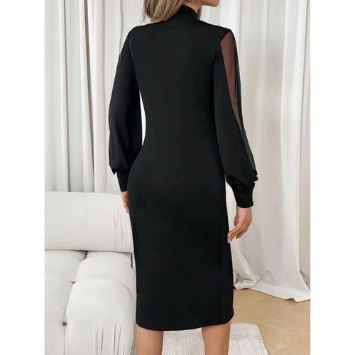 Kadın Uzun Kollu Yarı Balıkçı Yaka Tül Ve Inci Detaylı Kısa Ithal Krep Midi Elbise