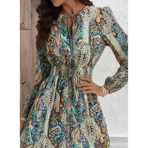 Kadın Uzun Kollu Uakadabağcıklı Beli Lastikli Desenli Uzun Süprem Elbise