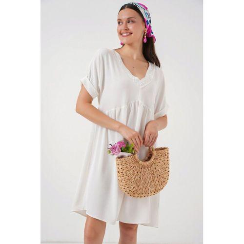 V Yaka Kısa Kol Elbise 2567 - Beyaz