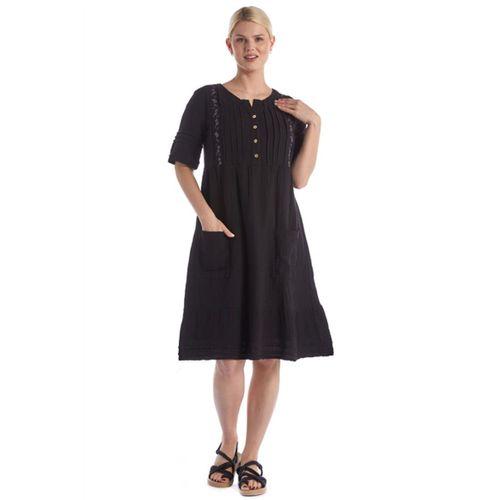 Kısa Kol Siyah Kare Yaka Cep Detaylı Midi Boy Müslin Yazlık Elbise