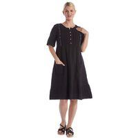 Kısa Kol Siyah Kare Yaka Cep Detaylı Midi Boy Müslin Yazlık Elbise