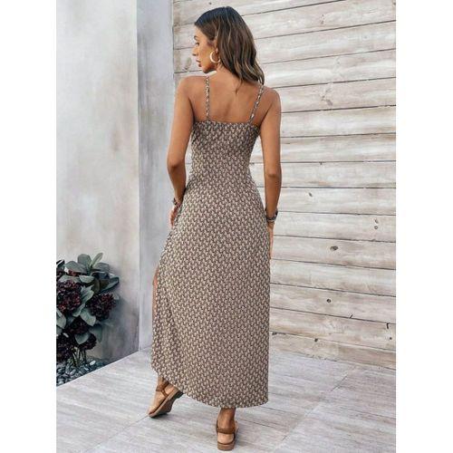 Kadın Ip Askılı V Yakalı Yırtmaçlı Uzun Süprem Elbise