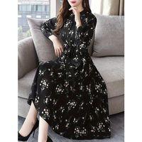 Kadın Uzun Kollu Hakim Yakalı Düğmeli Kuşaklı Desenli Maxi Mikro Süprem Elbise