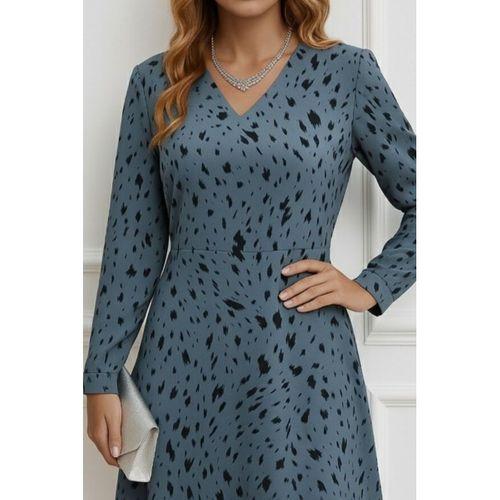 Kadın Uzun Kollu V Yakalı Desenli Kısa Keten Elbise