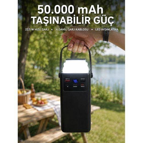 Led Aydınlatmalı Powerbank 50.000 Mah 22,5 W Hızlı Şarj 4 Dahili Kablolu Dijital Pil Göstergeli Batarya