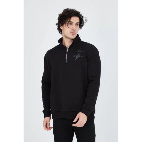 Erkek Yarım Fermuarlı Baskılı Sweat - Siyah