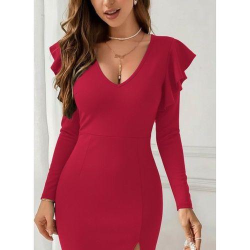 Kadın Uzun Kollu V Yakalı Yandan Yırtmaçlı Midi Ithal Krep Elbise