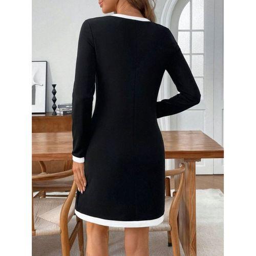 Kadın Uzun Kollu Yuvarlak V Yakalı şerit Detaylı Modal Mini Elbise