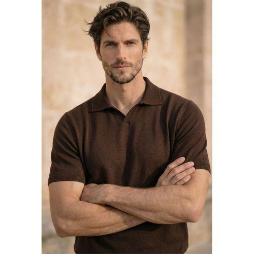 Dawson Polo V Yaka Düğmesiz Kısa Kollu Tok Kumaş Triko Erkek T-Shirt - Kahve