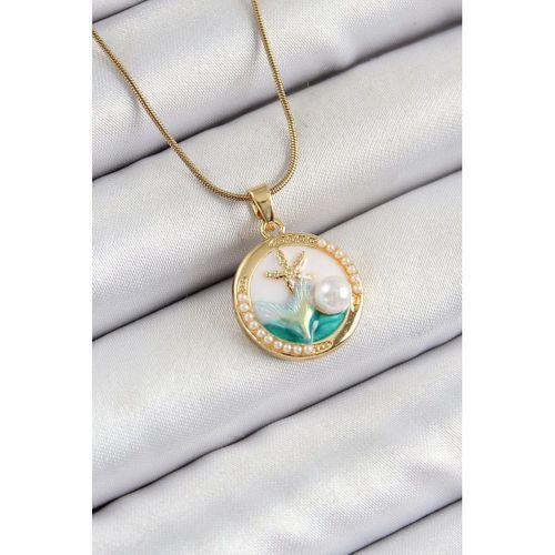 316L Çelik Zincir Beyaz Mineli Sanatsal Portre İnci Detaylı Deniz Yılıdızı Model Gold Renk Kadın Kolye