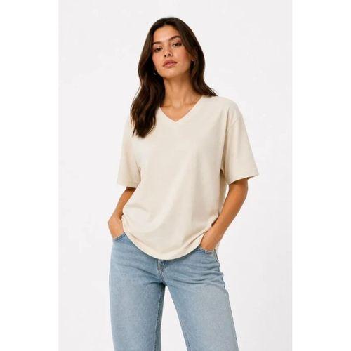 V Yaka Basic Tişört Kısa Kol Yazlık Regular Fit T-Shirt - Bej