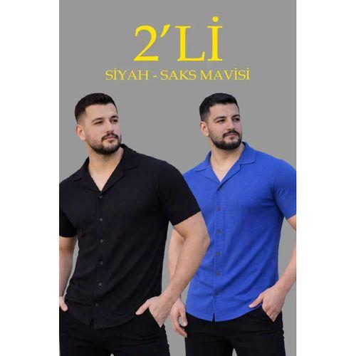 Erkek Waffle Dokuma Açık Yakalı Düğmeli Regular Kalıp 2’li Gömlek Seti - Siyah - Saks Mavisi