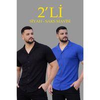 Erkek Waffle Dokuma Açık Yakalı Düğmeli Regular Kalıp 2’li Gömlek Seti - Siyah - Saks Mavisi