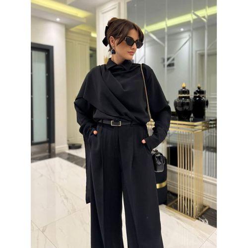 Kadın Uzun Kollu şal Detaylı Bluz Ve Pantolon Kemer Dahil Ikili Takım