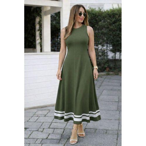 Kadın Askılı Yuvarlak Yakalı Etek Ucu şerit Detaylı Uzun Viskon Elbise