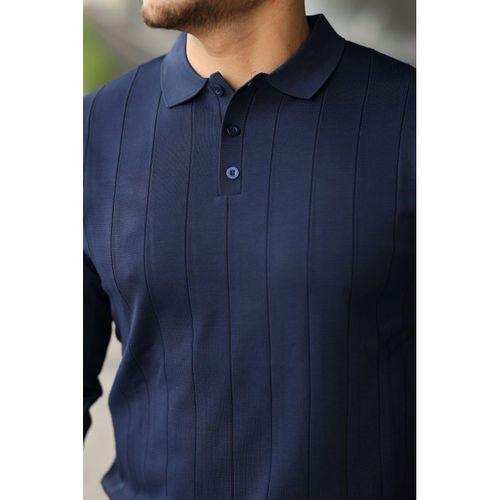 Erkek Düğmeli Yaka çizgi Dokulu Uzun Kollu Triko