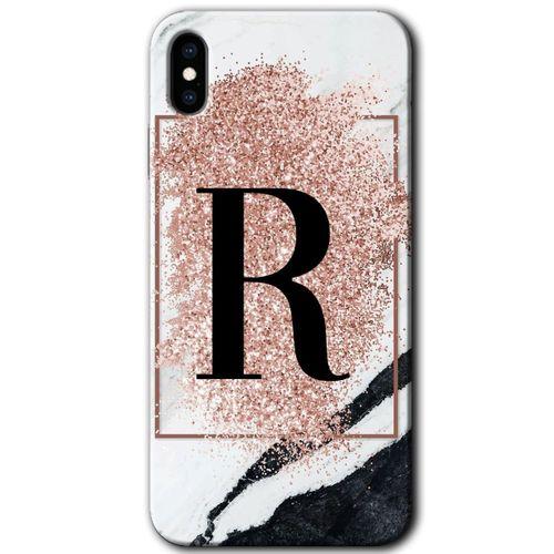 Potkal Hediye Fabrikası iPhone Xs Max Kılıf HD Desen Baskılı Arka Kapak - Pembe Mermer Desenli R Harfi