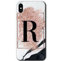 Potkal Hediye Fabrikası iPhone Xs Max Kılıf HD Desen Baskılı Arka Kapak - Pembe Mermer Desenli R Harfi