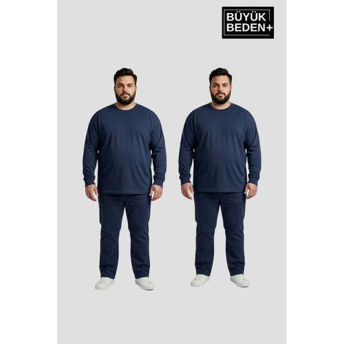 Erkek Büyük Beden 2 li Set Uzun Kollu 2 İplik Bisiklet Yaka Tişört SPR26BEA942+2