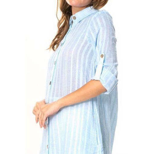 Uzun Kol Yakalı Gofre Mevsimlik ve Yazlık Tunik Buz Mavi 9012