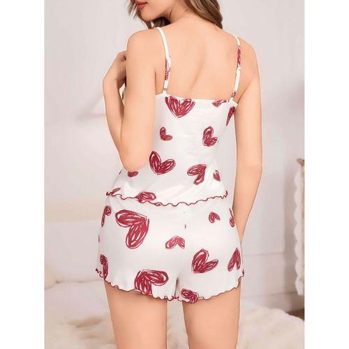 Kadın Beyaz Kalp Desenli Şortlu Gecelik Pijama Takımı 5052