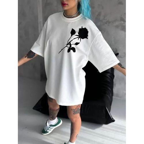 Pilelistore Unisex Bisiklet Yaka Baskılı Oversize T-Shirt - Beyaz