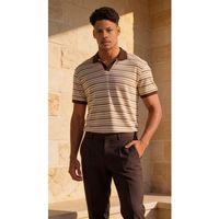 Gert Relaxed Fit Çizgili Pike Kumaş V Pat Polo Yaka T-Shirt - Kahve