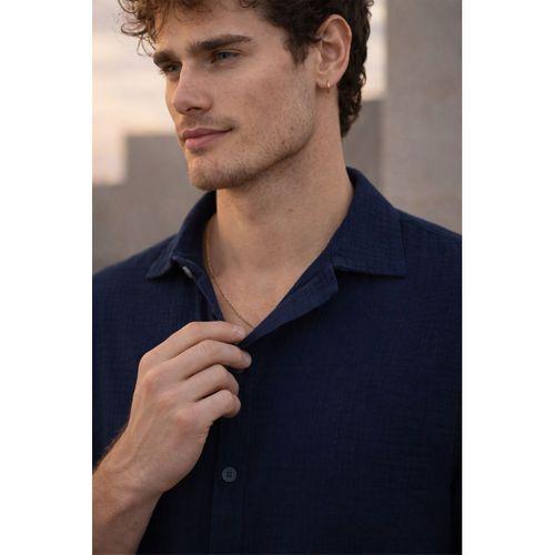 Apaş Yaka Oversize Müslin Kumaş Gömlek - Lacivert