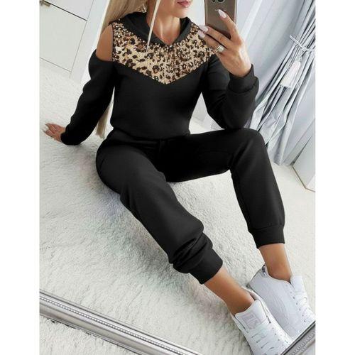 Kadın Uzun Kollu Omuzlardan Açık Leopar Desenli Kapşonlu Viskon Iki Iplik Bluz Ve Pantolon Ikili Takım