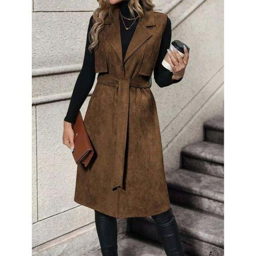 Kadın Kolsuz Yakalı önü Açık Belden Kuşaklı Süet Midi Yelek