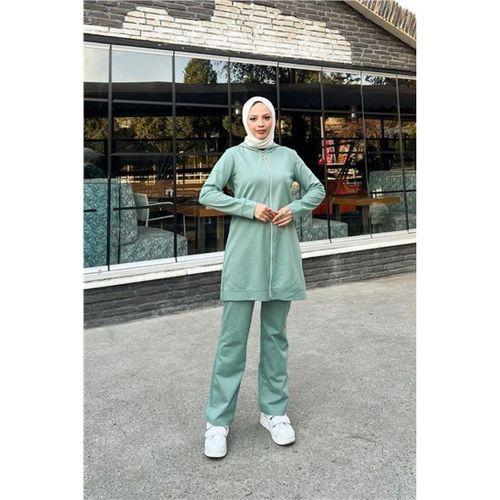 Fermuarlı Kapşonlu İkili Sade Basic Eşofman Spor Takımı - 03052.100 - Çağla Yeşili