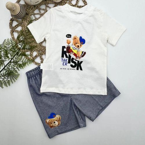 1-2-3 Yaş Kaykaycı Ayı Baskılı Şortlu Kısa Kollu Tişört 2li Erkek Bebek Takımı İndigo