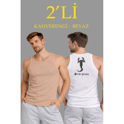 Erkek Spor Fitilli Atlet 2li Set Kahverengi Ve Beyaz Slim Fit Kaşkorse Arka Baskılı Spor Atlet