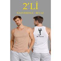 Erkek Spor Fitilli Atlet 2li Set Kahverengi Ve Beyaz Slim Fit Kaşkorse Arka Baskılı Spor Atlet