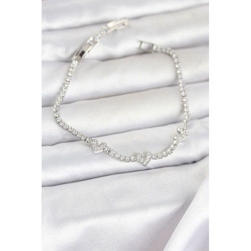 Pirinç Gümüş Renk Kalp Model Zirkon Taşlı Su Yolu Kadın Bileklik