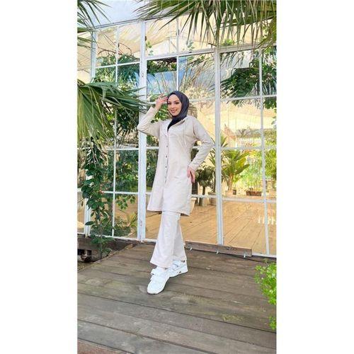 Çıtçıtlı Kapşonlu Uzun Tunik Pantolon İkili Tesettür Eşofman Takımı - 03078.027 - Ekru