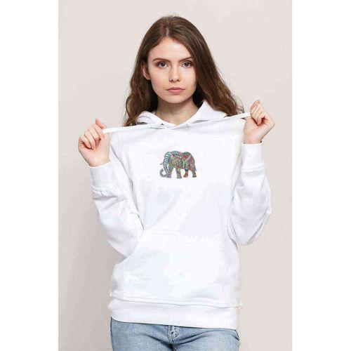 Mandala Çizim Asya Fili Boyama Baskılı Beyaz Kadın Kapşonlu Sweatshirt