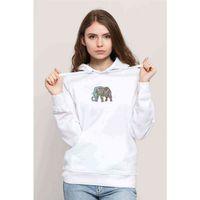 Mandala Çizim Asya Fili Boyama Baskılı Beyaz Kadın Kapşonlu Sweatshirt