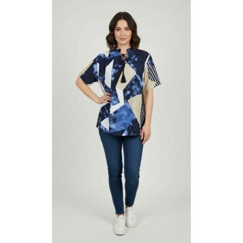 Desenli Püsküllü Viskon Bluz Bebe Yaka Kısa Kollu Big Size Rahat Kesim - Desenli