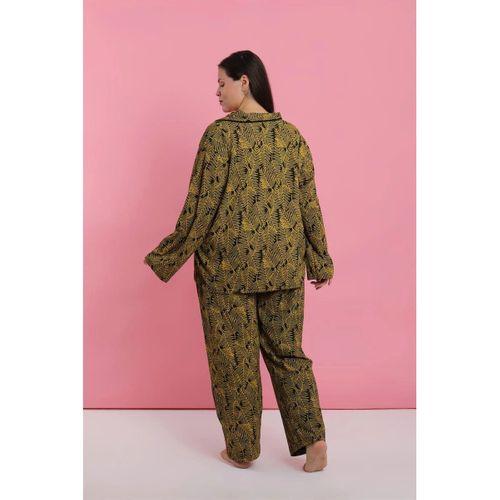 Kadın Büyük Beden Tropikal Yaprak Desenli Düğmeli Pijama Takımı