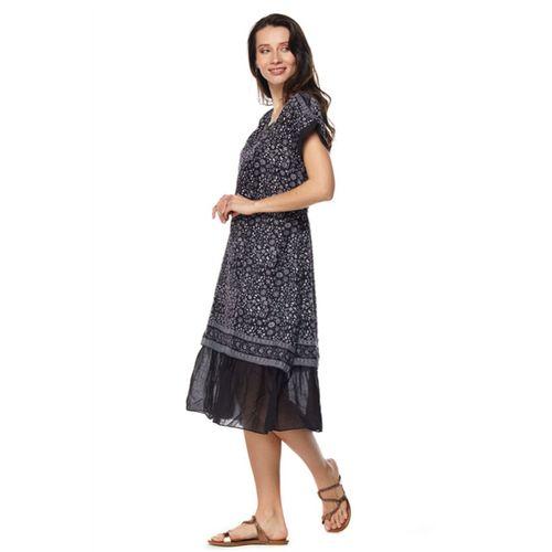 Siyah Çiçek Desenli Vual Midi Elbise-6098