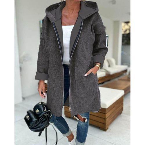 Kadın Uzun Kollu Kapşonlu Fermuar Detaylı Cepli Uzun üç Iplik Ceket