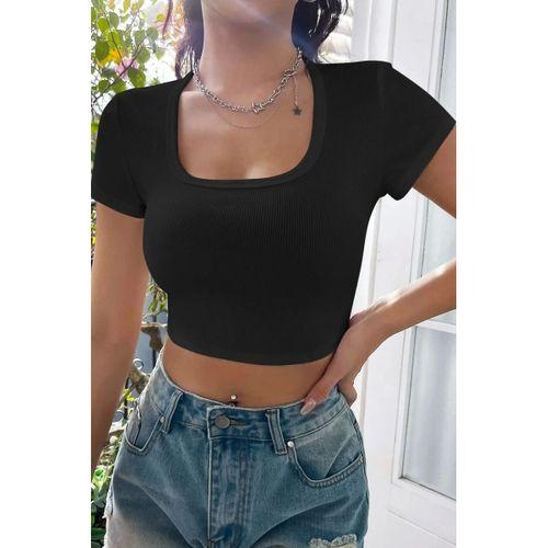 Kadın Siyah Modern Fit Yarım Kol Düz Yaka Crop Top Bluz