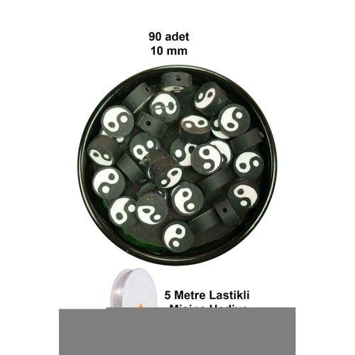 90 Adet 10 mm Polimer Kil Fimo Boncuk Takı Bileklik + 5 Metre Lastikli Misina Hediye - Yin Yang