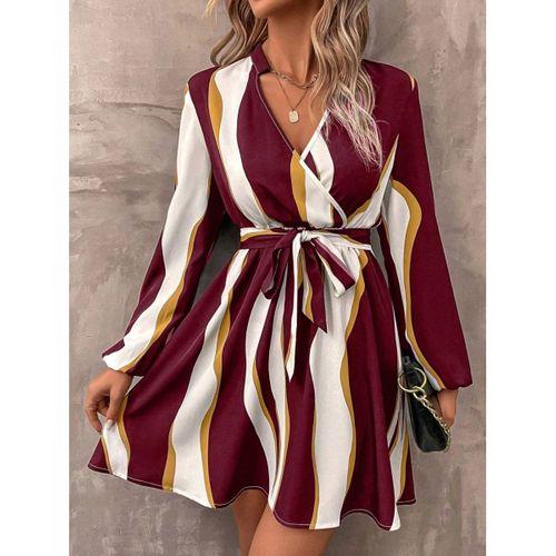 Kadın Uzun Kollu Kruvaze Yakalı Desenli Modal Mini Elbise