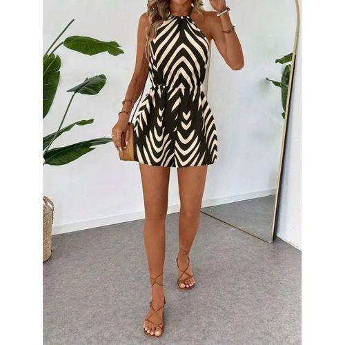 Kadın Boyundan Askılı Halter Yakalı Desenli Süprem Tulum