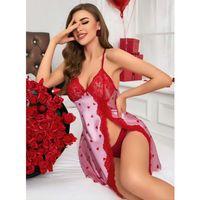 Kadın Kırmızı Kalp Desenli Saten Gecelik 2220