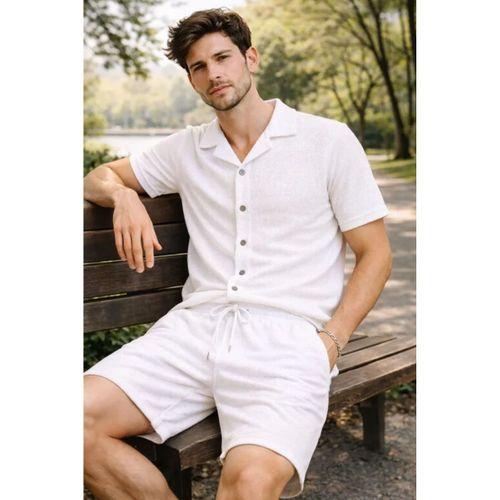 Erkek Waffle Kumaş Kısa Kollu Gömlek Şort Takım Regular Fit Yazlık İkili Set - Beyaz